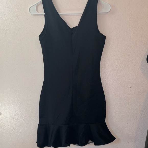 Lucky Lady Black Tight Mini Dress with Ruffled Hem, V Neckline - Picture 3 of 7